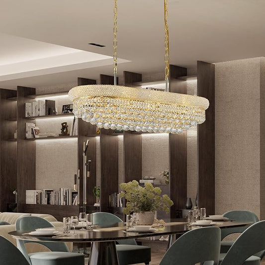 Rectangle Crystal Chandeliers for Dining Room, L36 inch Rectangular Oval Light for Kitchen Island (Gold)
