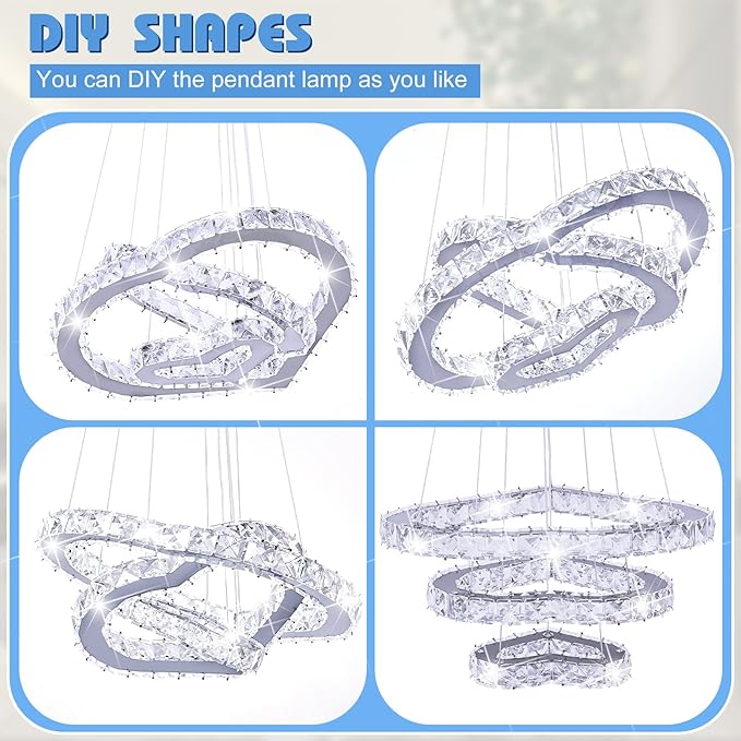 Crystal Chandeliers Modern LED 3 Ring Chandelier Adjustable Ceiling Light Fixtures Pendant Lighting Stainless Steel Hanging Lights for Living Room Dining Room Bathroom Bedroom, Cold White (Heart)
