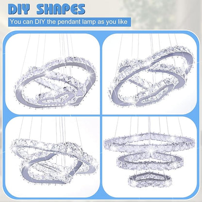 Crystal Chandeliers Modern LED 3 Ring Chandelier Adjustable Ceiling Light Fixtures Pendant Lighting Stainless Steel Hanging Lights for Living Room Dining Room Bathroom Bedroom, Cold White (Heart)