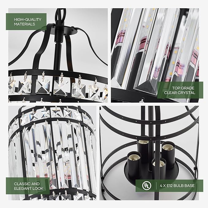 Modern Black Pendant Island Light Fixtures for Kitchen, Luxury Elegant Crystal Small 4-Light Chandeliers for Dining Room, Industrial Cage Hanging Ceiling Lighting for Bedroom Foyer Hallway
