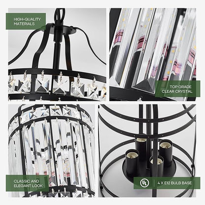 Modern Black Pendant Island Light Fixtures for Kitchen, Luxury Elegant Crystal Small 4-Light Chandeliers for Dining Room, Industrial Cage Hanging Ceiling Lighting for Bedroom Foyer Hallway