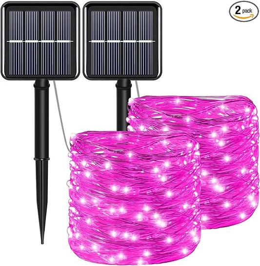 Solar Christmas String Lights Pink Outdoor Waterproof 100 LED（2 Pack） 8 Modes Copper String Lights Fairy Lights for Valentines Day Garden, Patio, Fence, Balcony, Outdoors(Pink 2pcs