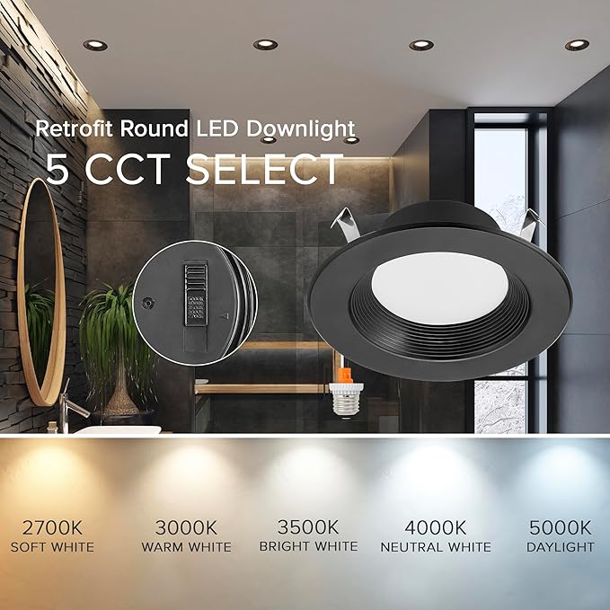 Maxxima 4 in. 5 CCT Retrofit Recessed LED Downlight, 800 Lumens, with E-26 Quick Connect, Color Selectable 2700K-5000K (2700K/3000K/3500K/4000K/5000K), Dimmable, Black Trim