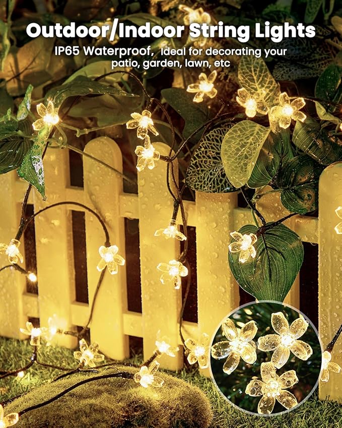 Brightown 60 LED Solar String Lights Flower Outdoor Waterproof Fairy Lights for Garden Yard Fence Patio Christmas Tree Wedding Party Decor, Warm White