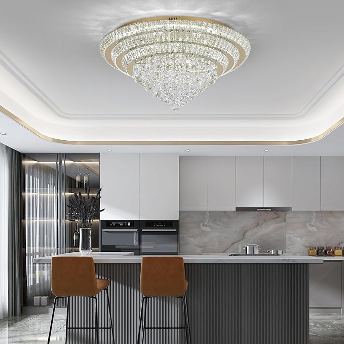Miuyhji Large LED Crystal Raindrop Ceiling Light,Rose Gold, 30" Elegant Semi Flush Mount Chandelier Light Fixture with Remote Control for Living Room Kitchen Bedroom Hallway Entryway Foyer(Dimmable)