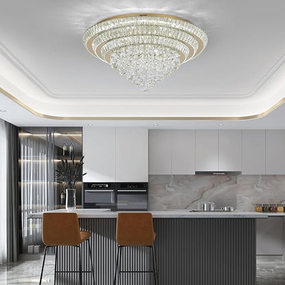 Miuyhji Large LED Crystal Raindrop Ceiling Light,Rose Gold, 30" Elegant Semi Flush Mount Chandelier Light Fixture with Remote Control for Living Room Kitchen Bedroom Hallway Entryway Foyer(Dimmable)
