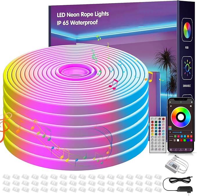 NBBUFF 100FT Led Neon Rope Lights Music Sync, RGB Led Strip Lights Outdoor, Neon Led Light Strip with Remote & App Control, DIY Flexible Led Lights for Bedroom, Gaming, Party, Room Decor (2 * 50FT)