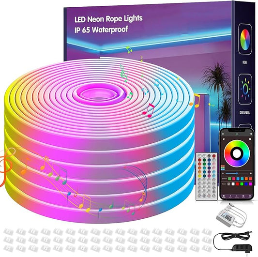 NBBUFF 100FT Led Neon Rope Lights Music Sync, RGB Led Strip Lights Outdoor, Neon Led Light Strip with Remote & App Control, DIY Flexible Led Lights for Bedroom, Gaming, Party, Room Decor (2 * 50FT)