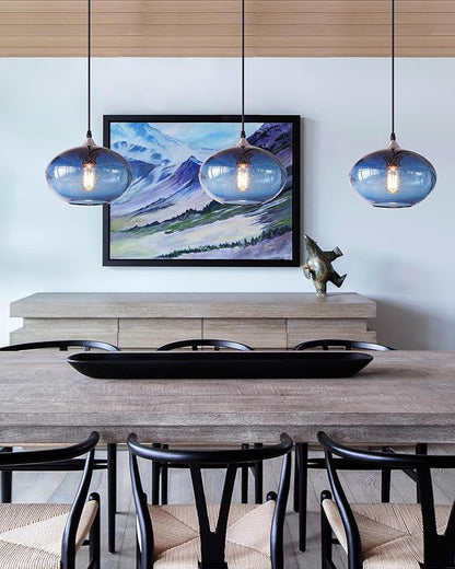 Pendant Lighting for Kitchen Island Blue Glass Modern Hanging Light Fixtures Seeded Bubble Over Sink 9.4 Inch Diam