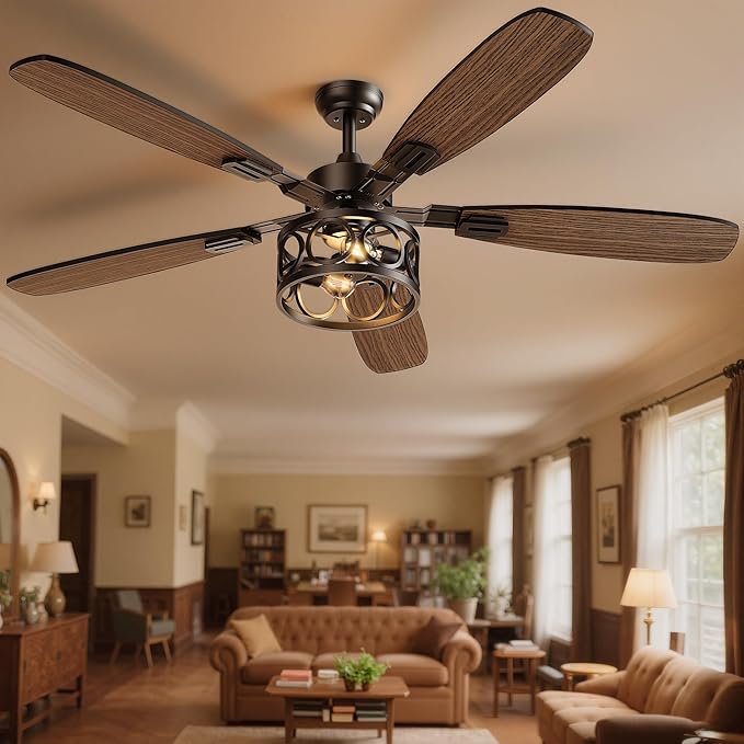 Ceiling Fans with Lights and Remote, 42'' Vintage Caged Ceiling Fan with Light, 5 Blades, 6+1 Speed, Flush Mount Ceiling Fan Whisper-quiet for Farmhouse, Living Room, Kitchen and Porch (42 Inch)