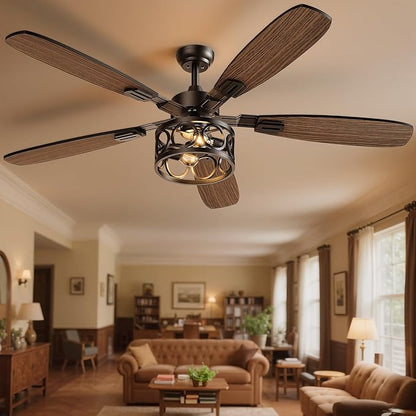 Ceiling Fans with Lights and Remote, 42'' Vintage Caged Ceiling Fan with Light, 5 Blades, 6+1 Speed, Flush Mount Ceiling Fan Whisper-quiet for Farmhouse, Living Room, Kitchen and Porch (42 Inch)