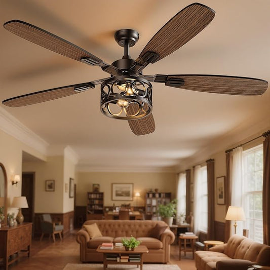 Ceiling Fans with Lights and Remote, 42'' Vintage Caged Ceiling Fan with Light, 5 Blades, 6+1 Speed, Flush Mount Ceiling Fan Whisper-quiet for Farmhouse, Living Room, Kitchen and Porch (42 Inch)