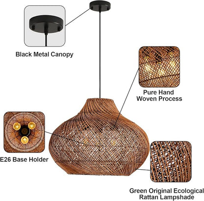 18.9IN Boho Rattan Chandelier 3-Lights Hand-Woven Rattan Pendant Light Farmhouse Wicker Dining Room Light Hanging Bamboo Pendant Light Fixture for Kitchen Island Living Room Hallway Reataurant