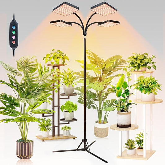 FECiDA 2026 4Head Grow Lights with Upgraded Stand, Big Coverage Grow Lights for Indoor Large Plants, Bonsai Tree, 4/8/12/16/20 Hr Timer, 100 Watt Power Draw, NO Need Adapter, 24"-76" Height Adjustable