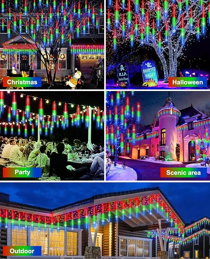 EAGWELL Christmas Lights Outdoor UL Certified Meteor Shower Light 16 Inch 20 Tubes 960 LED Falling Rain Drop Icicle Snow Cascading Lighting for Xmas Tree Wedding Party Garden Decoration, Colorful