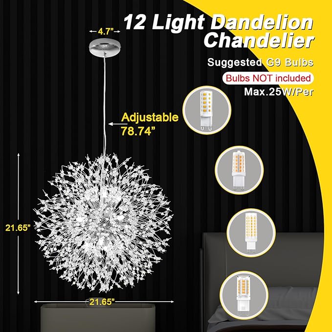 Qamra Modern Crystal Chandeliers, Chrome Firework Dandelion Sputnik Chandelier Light Fixture Pendant Lighting for Dining Room, Bedroom, Kitchen, Living Room(12-Light, Chrome)