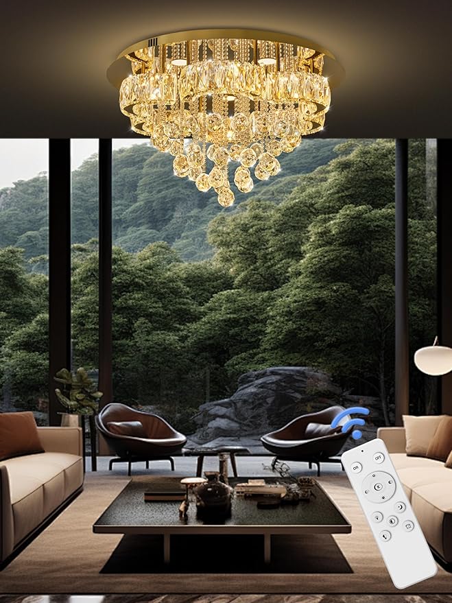 Flashing God W24inches Modern Gold Chandeliers Flush Mount Ceiling Chandeliers for High Ceiling Small Hanging Chandelier Light Fixture Bedroom Dining Room Living Room LED Dimming 2700k 4500k 6000k