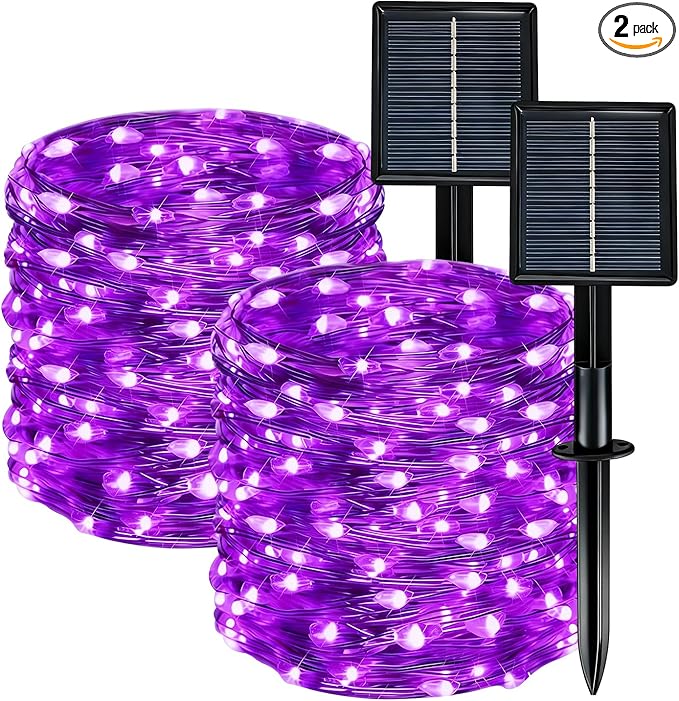 Solar String Lights Outdoor Waterproof 2 Pack Total 66ft 200LED 8 Modes Twinkle Lights Solar Fairy Lights for Patio, Garden Yard Party Wedding Tree Christmas Halloween Decoration, Purple