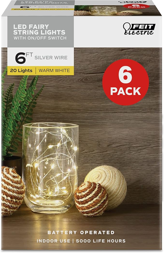 Feit Electric Fairy Light LED 6 Foot, Silver Wire Light, AA Battery or USB Powered, (6-Pack)