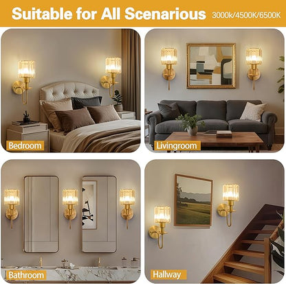 Wireless Wall Sconces Set of two,Battery Operated Wall Sconces with 5200 mAh Bulb and Remote,LED 15 Colors Rechargeable Gold Wall Sconce with Crystal for Bedroom Living Room Hallway Wall Decor