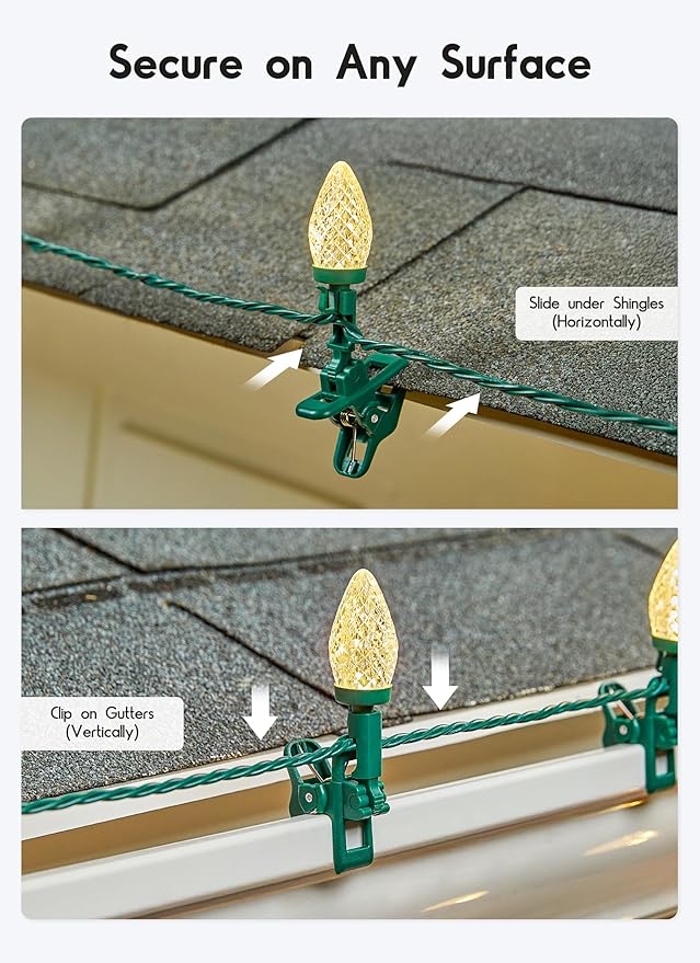 C9 68Ft Led Christmas String Lights 100 LED with Quick Clips Outdoor Waterproof Strawberry Lights, Commercial Grade Extendable for Indoor Outside Roofline Patio Home Xmas Decoration, Warm White