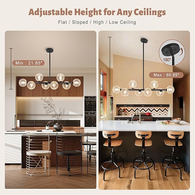 Linear Chandeliers for Dining Room, 8-Light Clear Swirled Glass Globe 37" Mid Century Modern Sputnik Chandeliers Bubble Chandelier Black Dining Room Chandelier Pendant Lights Kitchen Island