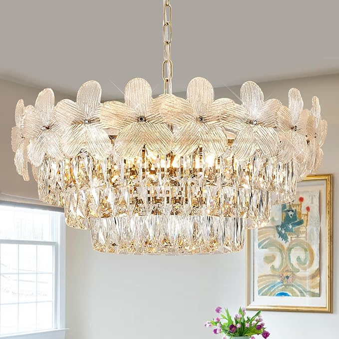11 Lights Modern Flower Elegant Crystal Chandelier 6-Tier 24" Luxury Gold Chandelier Light Fixture for Living Dining Room Kitchen Entryway Bedroom Foyer, E12