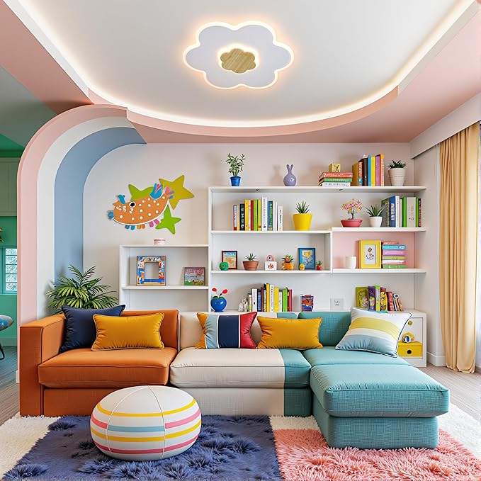LED Ceiling Lights Fixture 19.7in Dimmable Flower Shape Wooden Nursery Light Fixture with Remote 35W Kids Ceiling Lamp for Kids Room Nursery Room Bedroom Living Room Dining Room