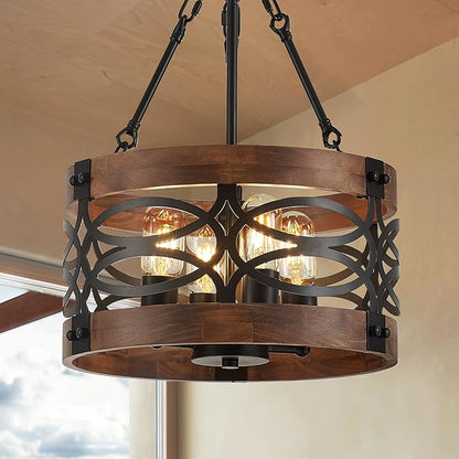 4-Light Farmhouse Drum Wood Pendant Light 13.8'' Vintage Rustic Brown Oak Wood Chandeliers,Retro Industrial Hanging Light Fixtures for Dining Room Entryway, Bedroom