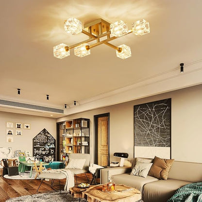 XINGQI Modern Ceiling Light 6 Lights Semi Flush Mount Ceiling Light Fixture, Gold Sputnik Chandeliers Mid Century Industry Lights for Bedroom Dining Room Farmhouse Kitchen