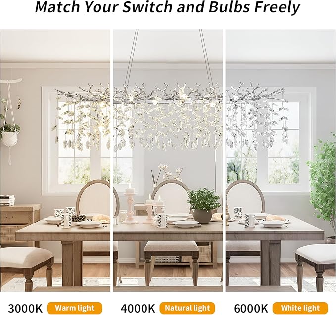 Modern Crystal Tree Branches Chandelier, 47.5in Silver 14 Lights Large Ceiling Hanging Light for Dining Room, Rectangle Raindrop Pendant Light Fixture