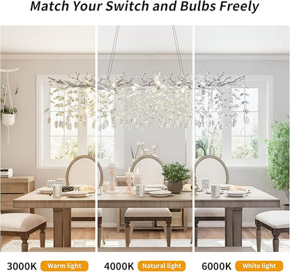 Modern Crystal Tree Branches Chandelier, 47.5in Silver 14 Lights Large Ceiling Hanging Light for Dining Room, Rectangle Raindrop Pendant Light Fixture