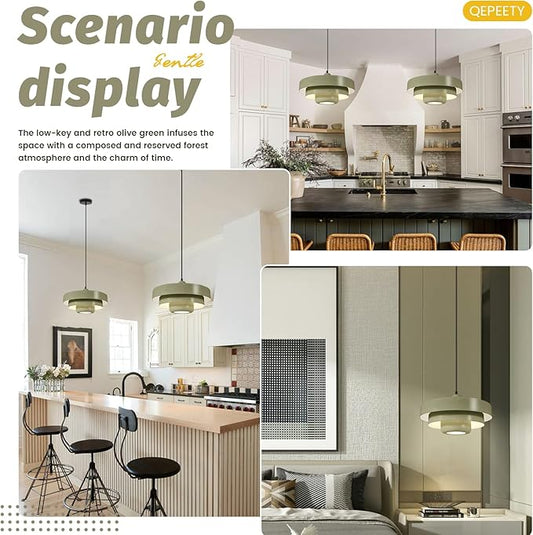 Retro Farmhouse Olive Green Pendant Light, Adjustable 59" Cord Mid Century Modern 3-Tier Hanging Light Fixture for Kitchen Island Dining Room Living Room