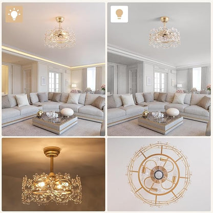 20" Gold Fandelier Ceiling Fan with Light, Flower Crystal Chandelier Ceiling Fan with Light and Remote Control, Modern Caged Enclosed 6 Speeds for Girl's Bedroom, Nursery, Living Room