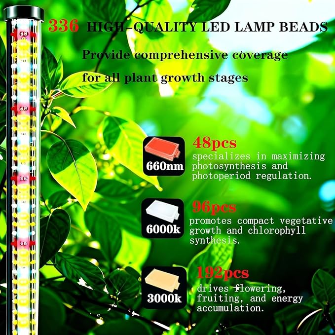 65Inch Vertical Grow Lights for Indoor Plants: 48W, 6000K, 336 LEDs Full Spectrum LED Standing Plant Lights with Timer and 10 Level Dimmable Plant Growing Lamp for Greenhouse