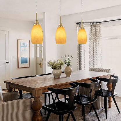 Viinew Mini Glass Pendant Light 4.72" Walnut Wood Grain Pendant Lights 3-Pack Handblown Art Oval Glass Hanging Pendant Light for Kitchen Island Dining Room Living Foyer Hallway Entry Brushed Gold