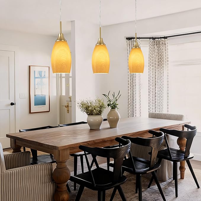 Viinew Mini Glass Pendant Light 4.72" Walnut Wood Grain Pendant Lights 1-Pack Handblown Art Oval Glass Hanging Pendant Light for Kitchen Island Dining Room Living Foyer Hallway Entry Brushed Gold