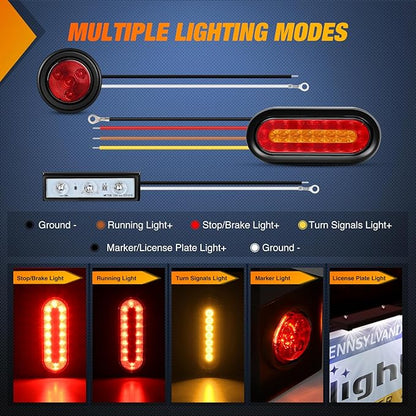 Nilight 2 PCS Steel Trailer Light Boxes Housing Kit 3LED License Plate Lights 6 Inches Oval Red Amber Tailight 2 Inch Round Side Marker Lamp Grommet Plugs for Truck Tractor Car