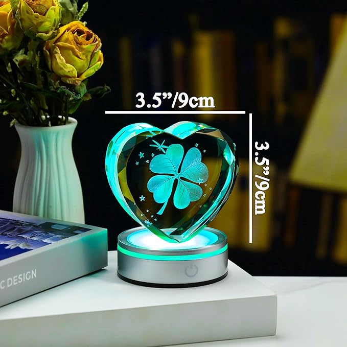 Qianwei 3D Four Leaf Clover 80mm Heart Shape Good Luck Gifts Ideas with Multicolor Lighting Base - Irish Gifts for Women Decor 4 Leaf Clover