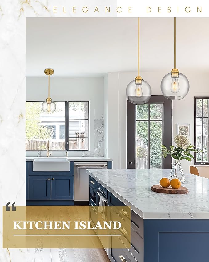3-Pack Pendant Lights Kitchen Island, Gold Hanging Lights Fixtures with Clear Glass Globe Shade, Brass Kitchen Island Lighting for Dining Room, AD-22280-1P3-GD