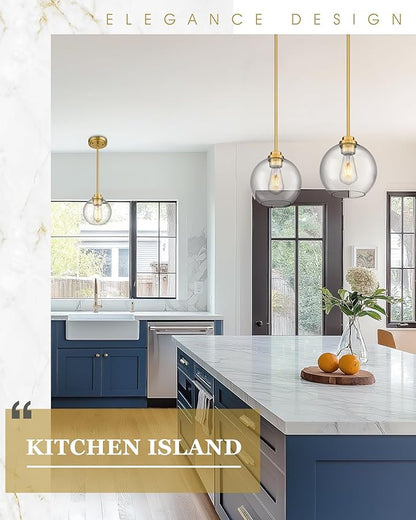Pendant Lights Kitchen Island, Modern Gold Pendant Light with Clear Glass Globe Shade, Farmhouse Hanging Light Fixtures for Dining Room Entryway, AD-22280-1P-GD-C