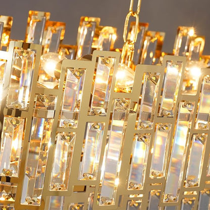 Rectangle Gold Chandeliers for Dining Room 2-Tier 16 Lights Modern Crystal Chandelier Luxury Rectangular Oval Preinstalled Top K9 Crystal Contemporary Pendant Lighting Fixture 51"