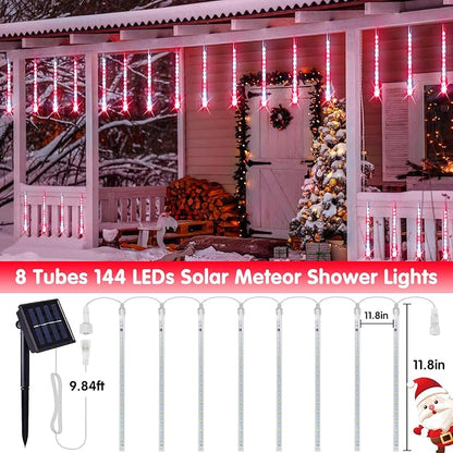 JMEXSUSS Red and White Solar Meteor Shower Rain Lights, 8 Tube 144 LED Solar Christmas Lights for Party Holiday Yard Patio Decorations