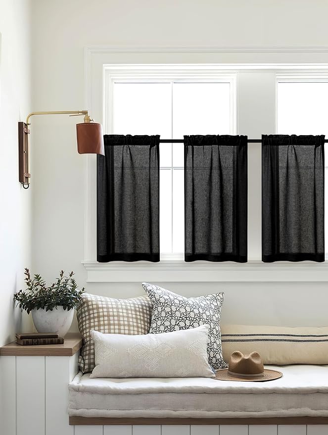 Black Linen Cafe Curtains 30 Inch Length 2 Panels Privacy Light Filtering Semi Sheer Front Door Small Window Treatment Boho Farmhouse Rod Pocket Short Curtains for Bathroom Kitchen Basement RV 26x30