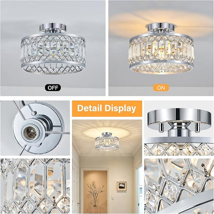 YURNYQ Crystal Ceiling Light Fixture, Modern Semi Flush Mount Ceiling Light, Chrome Lighting Fixtures Ceiling Lamp for Hallway, Kitchen, Entryway, Bedroom, Laundry Room, 1-Light, 11.4 Inch