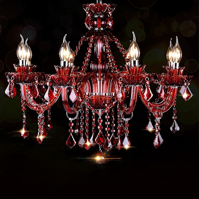 Bagood Red 8 Lights K9 Crystal Candle Chandeliers Lighting K9 Crystal Candle Chandeliers Crystal Modern Chandelier for Dining Living Room Bedroom Entry Elegant Decoration E12 Base, H22.8 x W27.2