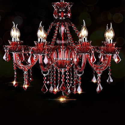 Bagood Red 8 Lights K9 Crystal Candle Chandeliers Lighting K9 Crystal Candle Chandeliers Crystal Modern Chandelier for Dining Living Room Bedroom Entry Elegant Decoration E12 Base, H22.8 x W27.2
