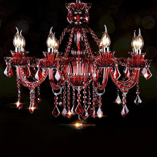 Bagood Red 8 Lights K9 Crystal Candle Chandeliers Lighting K9 Crystal Candle Chandeliers Crystal Modern Chandelier for Dining Living Room Bedroom Entry Elegant Decoration E12 Base, H22.8 x W27.2