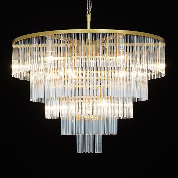 Modern Multi-Tier Crystal Chandelier 5-Tier Round Gold Finish Ceiling Light -Cylindrical Glass Rods -Dining Room Living Room Bedroom Entryway -Luxury Lighting Fixture 27.5''