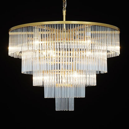 Modern Multi-Tier Crystal Chandelier 5-Tier Round Gold Finish Ceiling Light -Cylindrical Glass Rods -Dining Room Living Room Bedroom Entryway -Luxury Lighting Fixture 27.5''